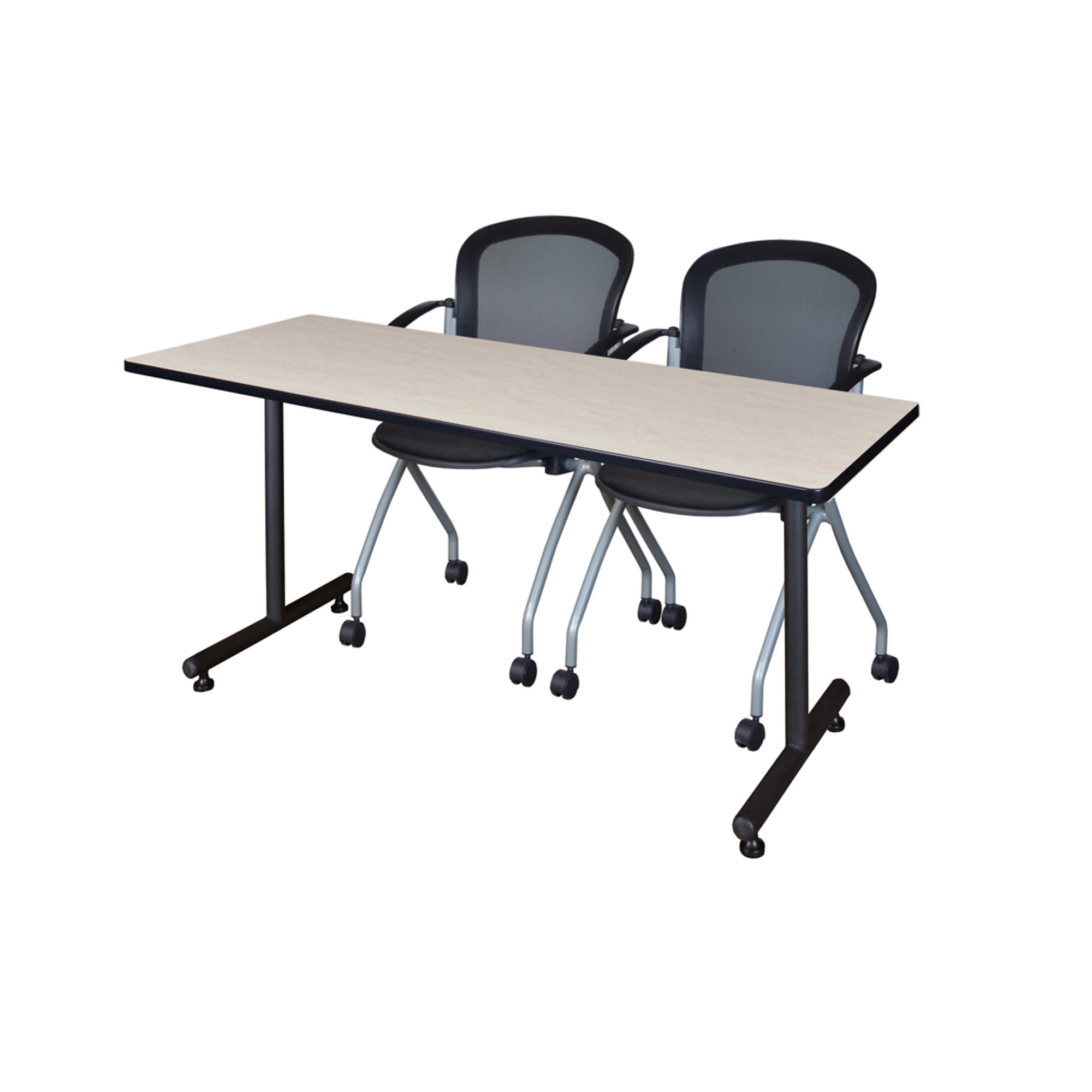 Regency Kobe Training Seminar Table with 2 Cadence Nesting Chairs — 72in. x 30in., Maple/Cherry, Black T-Base, Model# MKTRCT7230PL23BK